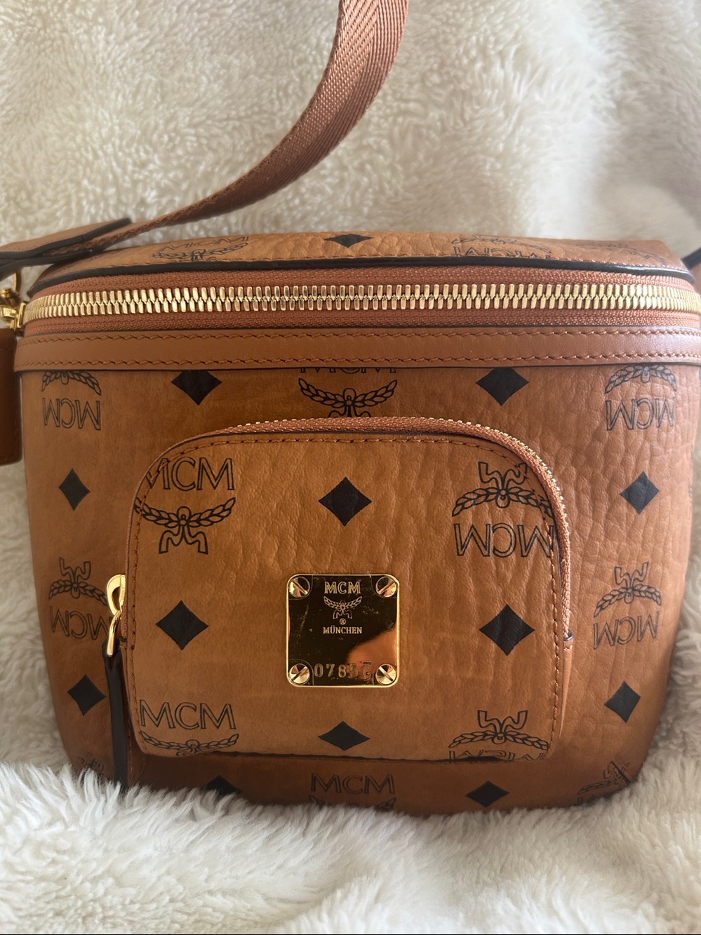 MCM Cognac Visetos Monogram Mini Crossbody Belt Bag with Gold Hardware - Picture 2 of 11